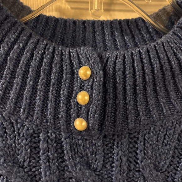 Women’s blue cable-knit granny core preppy sweater mock neck & pearl buttons XL - Picture 2 of 5